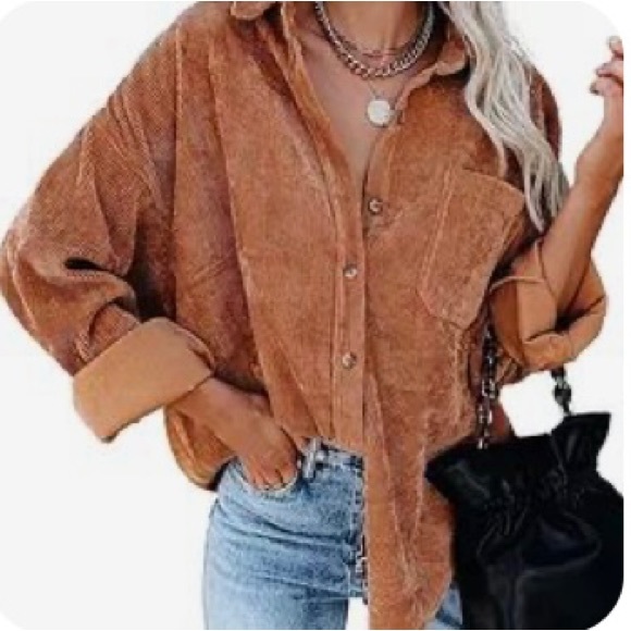 Brown suede-like button-down top - Picture 7 of 7